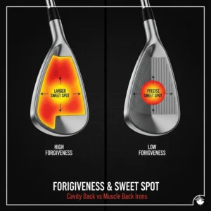 Infographic comparing the sweet spot size of cavity back vs muscle back irons for better performance on Canadian fairways.