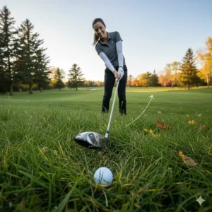 Illustration of a golfer easily hitting a ball out of thick Canadian rough using a versatile hybrid club.