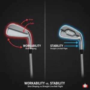 Diagram explaining shot workability of muscle backs versus the straight-line stability of cavity back irons.