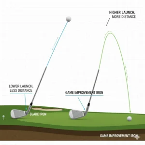 Graphic showing the high-launch trajectory of game improvement irons compared to traditional blades.