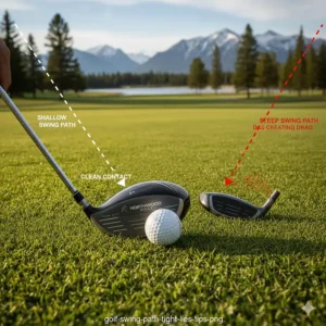 Instructional graphic showing the ideal shallow swing path for clean ball contact on tight lies at a Canadian golf course.