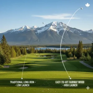 Illustration showing the high-launch trajectory of easy to hit fairway woods versus traditional long irons.