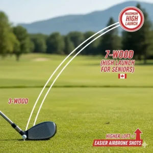 Comparison chart of ball flight arcs showing why higher lofted woods help seniors get the ball airborne faster.