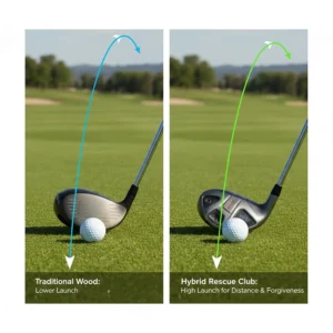 Graphic showing the high launch trajectory of a rescue club compared to a traditional wood on a fairway.