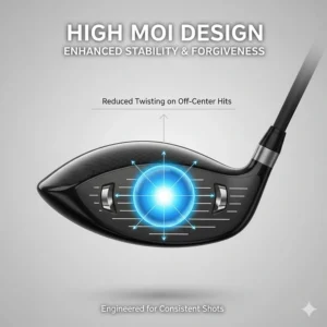 Diagram explaining High MOI in forgiving drivers for high handicappers, showing how perimeter weighting stabilizes the clubhead.