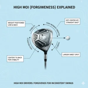 Illustration of high MOI driver head technology providing forgiveness for seniors with inconsistent swing tempos.