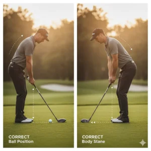 Step-by-step illustration showing the correct ball position and stance for hitting a rescue club effectively.
