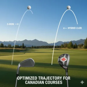 Illustration showing the high-launch ball flight path of a hybrid club compared to a 3-iron on a Canadian golf course.