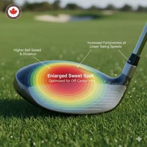 Heat map showing the enlarged sweet spot on a woman's hybrid club, optimized for off-center hits at lower swing speeds.