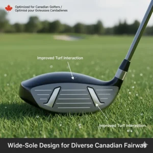 Illustration of a wide-sole hybrid club design perfect for the diverse fairway conditions found across Canadian golf courses.