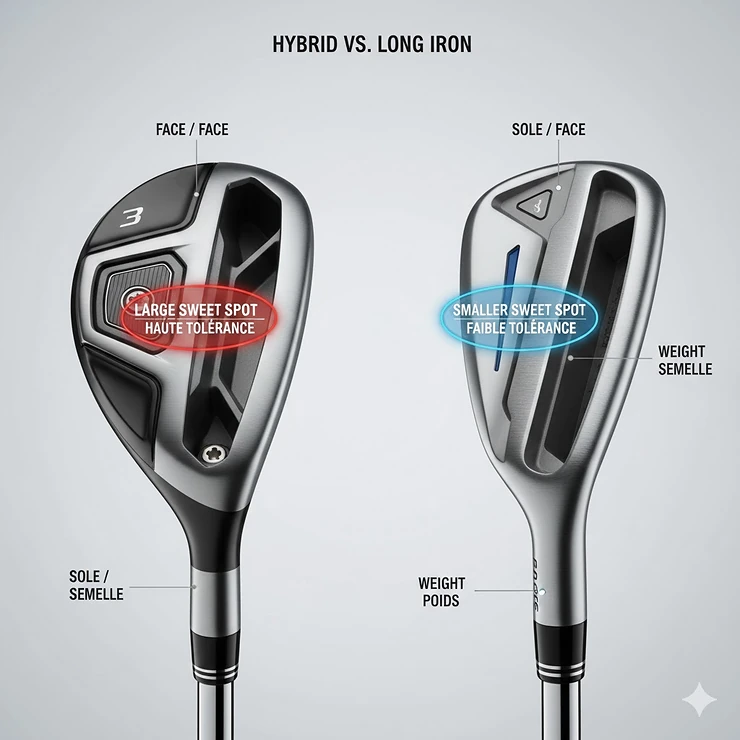 Comparison diagram of hybrids vs long irons showing the increased forgiveness and larger center of gravity in hybrid clubheads.