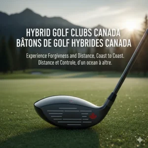 Promotional graphic featuring hybrid golf clubs (bâtons de golf hybrides) with bilingual English and French text.