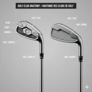 Bilingual diagram of golf club anatomy comparing a hybrid vs a long iron for Canadian golfers.