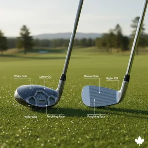 Diagram comparing the design of hybrid golf clubs vs traditional long irons for Canadian turf conditions.
