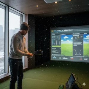 A Canadian golfer at an indoor fitting center in Toronto using a launch monitor to calibrate the most adjustable golf drivers for the upcoming season.