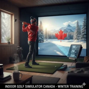 Illustration of a Canadian golfer practicing with a high swing speed driver in an indoor simulator during off-season.