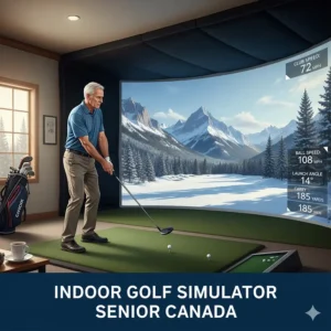 Senior golfer testing drivers for slow swing speeds at an indoor golf simulator in Ontario during winter.