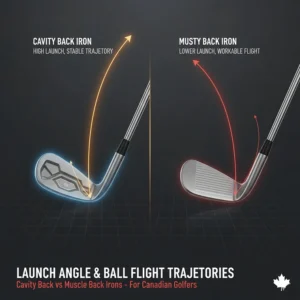 Comparison of ball flight trajectories between cavity back and muscle back irons, illustrating higher launch for the average Canadian player.
