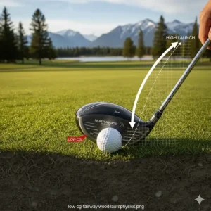 Diagram showing how a low center of gravity in the best fairway wood for tight lies creates a high launch angle.