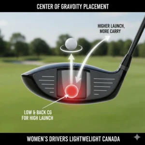 Diagram showing low center of gravity (CG) in women's drivers lightweight Canada, designed to help golfers achieve higher launch angles.