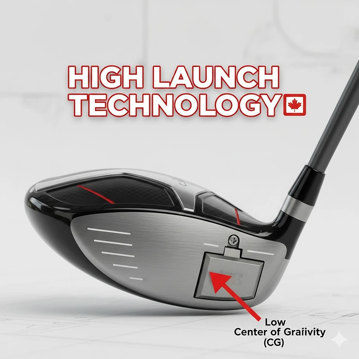 Diagram of a fairway wood showing low center of gravity tech to help Canadian seniors achieve higher launch.