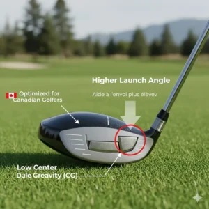Diagram showing the low center of gravity in women's hybrid clubs to help golfers in Canada achieve higher launch angles.
