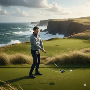 A low handicap golfer using a utility hybrid to pierce through heavy winds on an Atlantic Canada links-style course.