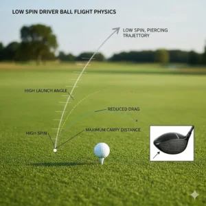 Diagram showing how low spin drivers maintain a piercing trajectory for high swing speed players.