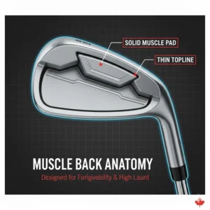 Detailed view of a muscle back iron's solid construction, emphasizing the thin topline preferred by low-handicap players in Canada.