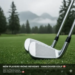 An illustration of new golf clubs on a rainy West Coast green, highlighting players irons reviews for wet turf conditions.