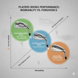 A graphic illustrating the balance of workability and forgiveness found in recent players irons reviews.