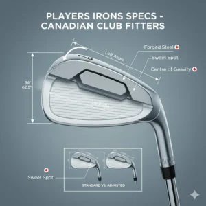 Close-up technical diagram of a forged iron head comparing loft and lie for Canadian club fitters.