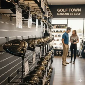 A wide selection of the most adjustable golf drivers on display at a Canadian golf pro shop, highlighting 2026 models from top brands.