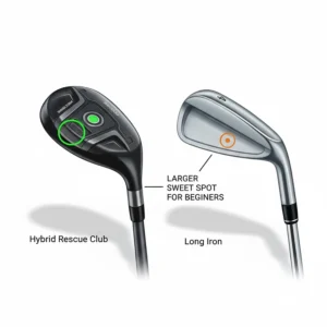A side-by-side comparison of a hybrid rescue club and a long iron, highlighting the larger sweet spot for new players.