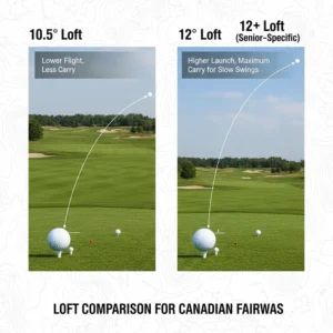 Comparison of golf ball trajectories showing why 12-degree lofts help Canadian seniors with slower swings gain more distance.