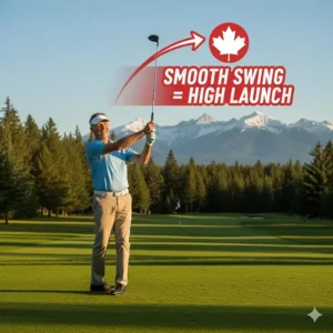 Stylized illustration of a senior golfer completing a smooth swing with a high-launch wood on a Canadian fairway.