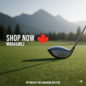 Graphic featuring the text "Shop Now / Magasinez" with a premium low spin driver for the Canadian market.