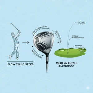 Technical diagram explaining how drivers for seniors with slow swing speed maximize ball launch and carry distance.