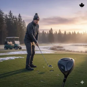 Stylized illustration of a golfer playing in early spring conditions in Canada using a forgiving fairway wood.
