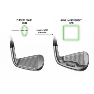 Visual comparison of the oversized sweet spot on game improvement irons versus professional player irons.