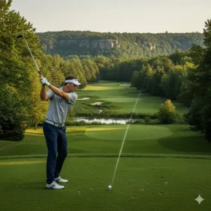 Illustration of a golfer using a utility hybrid for a long par 3 tee shot at a prestigious Ontario golf club.