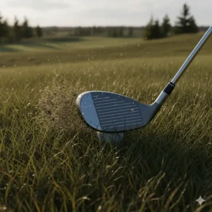 Close-up illustration of utility hybrid sole design cutting through thick Canadian fescue rough for low handicap recovery.