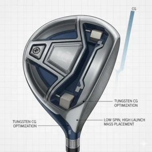 Technical diagram showing the tungsten weighting of a utility hybrid designed for low handicap precision.