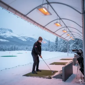 Illustration of a golfer practicing with game improvement irons at a Canadian heated driving range.