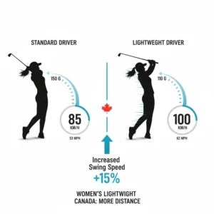 Infographic comparing swing speeds between standard clubs and women's drivers lightweight Canada models, showing gains in kilometers per hour.