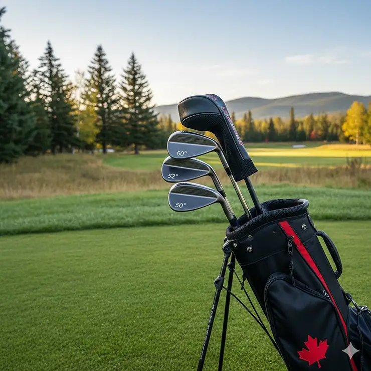 A premium 52, 56, and 60 degree wedge set resting against a golf bag on a lush Canadian fairway, offering versatile loft options for diverse course conditions. 52 56 60 wedge set recommendations