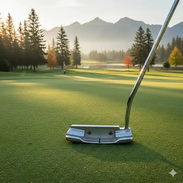 A premium blade putter resting on a manicured green at a scenic Canadian golf course during sunrise. blade putters reviews