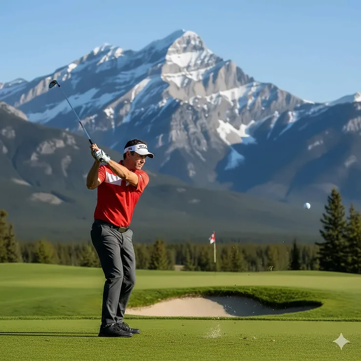 A golfer teeing off with new distance irons at a scenic mountain course in Banff, Alberta.