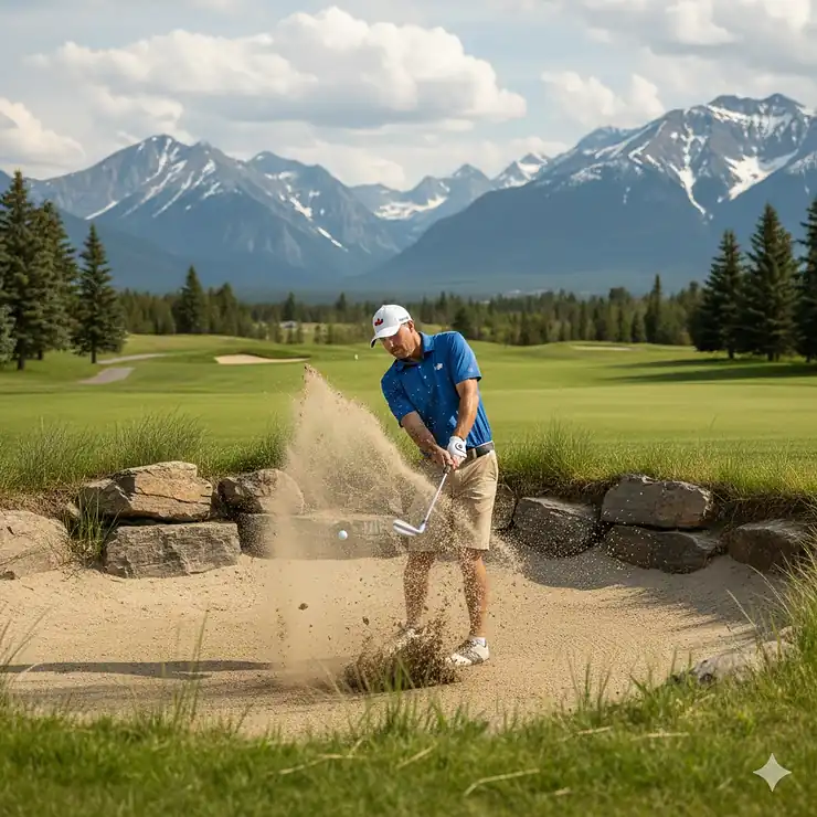 A golfer using a high bounce wedge to splash through a deep sand bunker at a scenic Canadian mountain golf course.