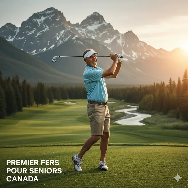 A senior golfer using premium iron sets for seniors on a scenic golf course in British Columbia, Canada.
